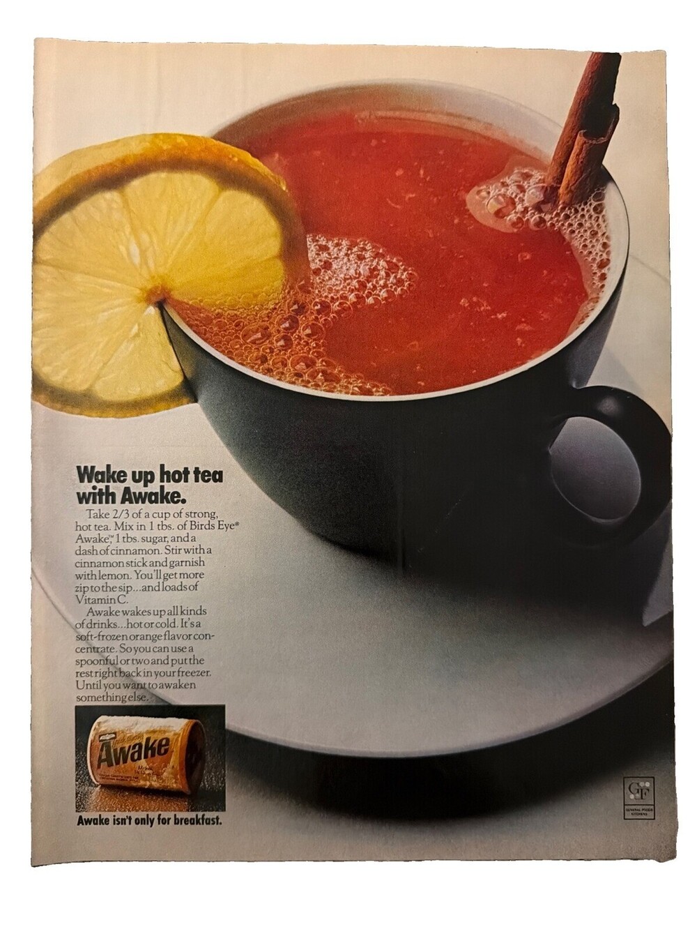 Awake Frozen Orange Juice "Wake up hot tea with Awake" Vintage Print Ad 1970